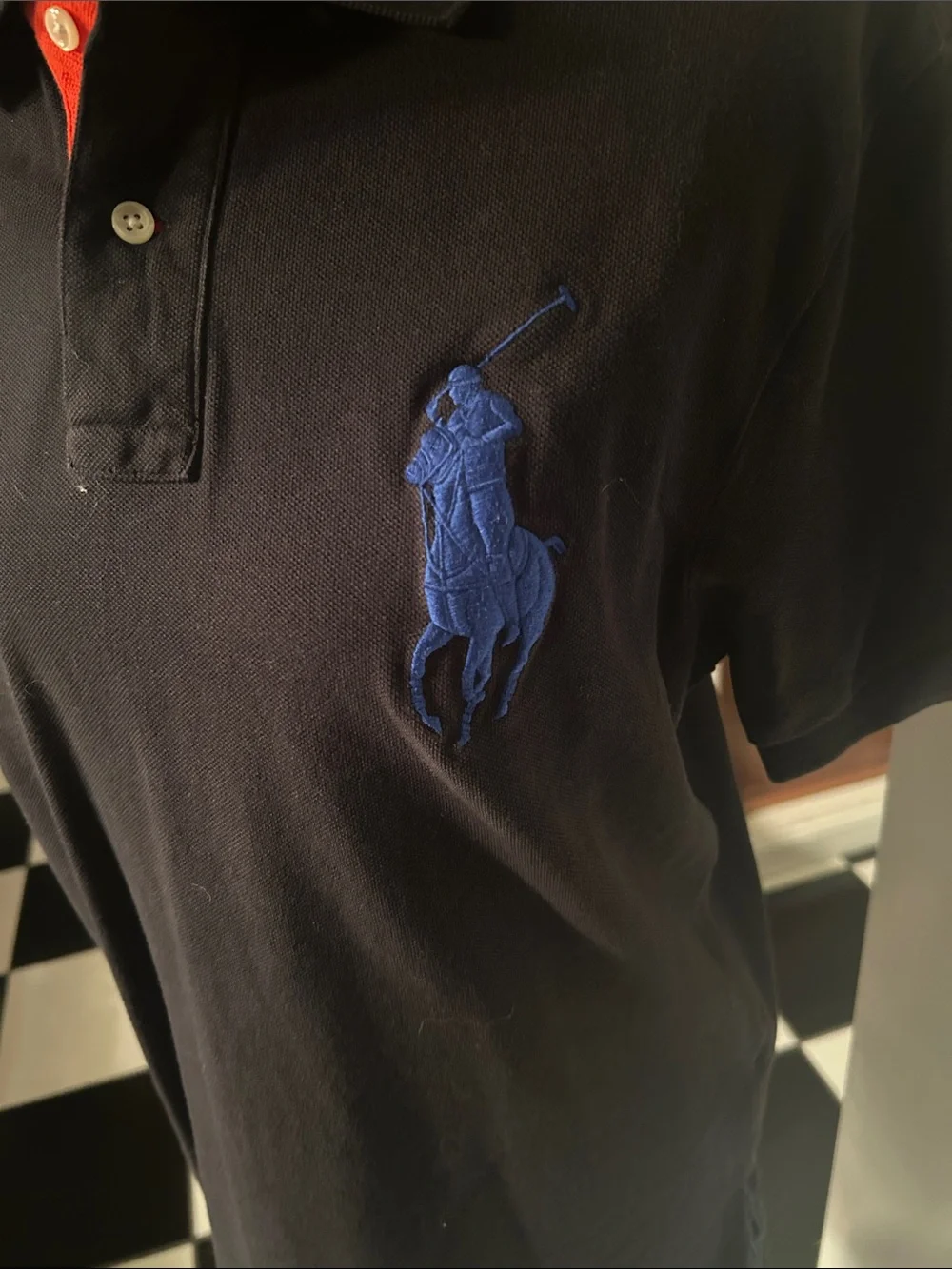 Ralph Lauren Black Polo with Red Inner Placket and Blue Pony